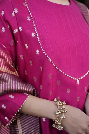 Shop Five Point Five Purple Chanderi Round Neck Devika Gathered Front Kurta Set Online at Aza Fashions Shop_Five Point Five_Purple Chanderi Round Neck Devika Gathered Front Kurta Set _Online_at_Aza_Fashions