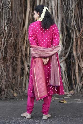 Shop Five Point Five Purple Chanderi Round Neck Devika Gathered Front Kurta Set at Aza Fashions Shop_Five Point Five_Purple Chanderi Round Neck Devika Gathered Front Kurta Set _at_Aza_Fashions