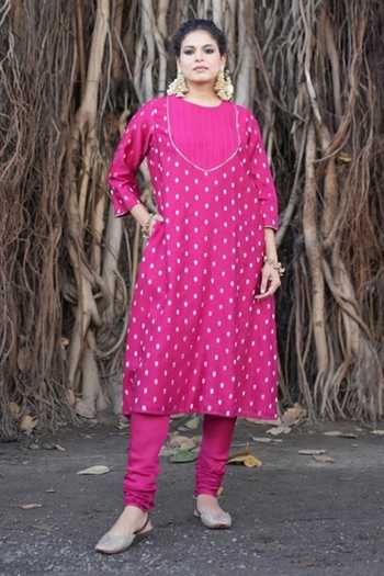 Five Point Five Purple Chanderi Round Neck Devika Gathered Front Kurta Set at Aza Fashions Five Point Five_Purple Chanderi Round Neck Devika Gathered Front Kurta Set _at_Aza_Fashions