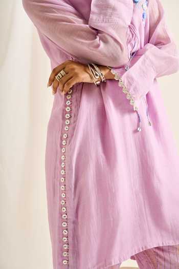 Himani Punatar Purple Chanderi, Cotton Mandarin Collar Bird Button Embroidered Kurta And Pant Set Online at Aza Fashions Himani Punatar_Purple Chanderi, Cotton Mandarin Collar Bird Button Embroidered Kurta And Pant Set _Online_at_Aza_Fashions
