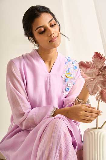 Buy Himani Punatar Purple Chanderi, Cotton Mandarin Collar Bird Button Embroidered Kurta And Pant Set Online at Aza Fashions Buy_Himani Punatar_Purple Chanderi, Cotton Mandarin Collar Bird Button Embroidered Kurta And Pant Set _Online_at_Aza_Fashions