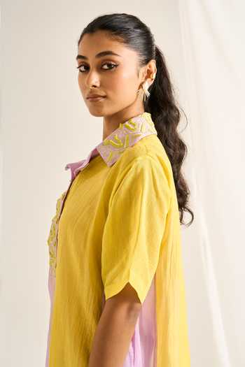 Himani Punatar Yellow Chanderi, Cotton Collared Neck Colorblock Shirt Dress Online at Aza Fashions Himani Punatar_Yellow Chanderi, Cotton Collared Neck Colorblock Shirt Dress _Online_at_Aza_Fashions