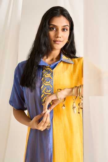 Buy Himani Punatar Yellow Chanderi, Cotton Collared Neck Colorblock Shirt Dress Online at Aza Fashions Buy_Himani Punatar_Yellow Chanderi, Cotton Collared Neck Colorblock Shirt Dress _Online_at_Aza_Fashions