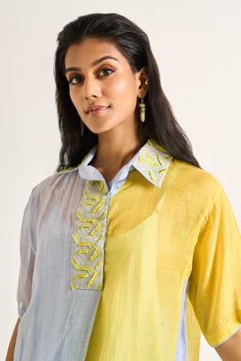 Himani Punatar Blue Chanderi, Cotton Collared Neck Colorblock Shirt Dress Online at Aza Fashions Himani Punatar_Blue Chanderi, Cotton Collared Neck Colorblock Shirt Dress _Online_at_Aza_Fashions