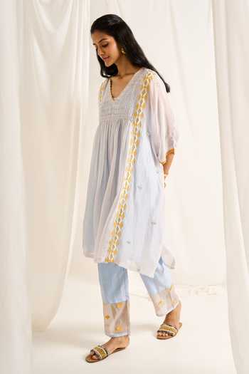 Buy_Himani Punatar_Blue Chanderi, Cotton V-neck Geometric Embroidered Kaftan And Pant Set _Online_at_Aza_Fashions