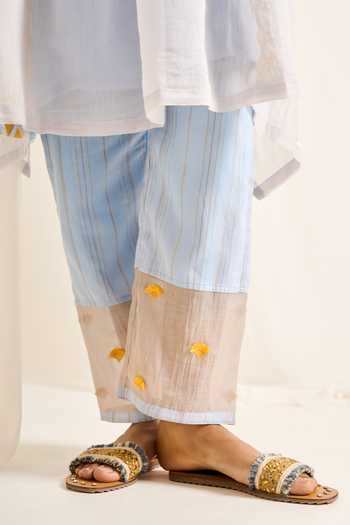 Shop_Himani Punatar_Blue Chanderi, Cotton V-neck Geometric Embroidered Kaftan And Pant Set _Online_at_Aza_Fashions