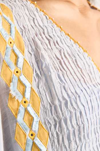 Himani Punatar_Blue Chanderi, Cotton V-neck Geometric Embroidered Kaftan And Pant Set _at_Aza_Fashions