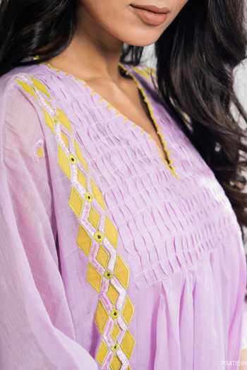 Buy Himani Punatar Lavender Chanderi, Cotton V-neck Geometric Pintucked Kaftan Set Online at Aza Fashions Buy_Himani Punatar_Lavender Chanderi, Cotton V-neck Geometric Pintucked Kaftan Set _Online_at_Aza_Fashions