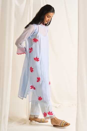 Buy Himani Punatar Blue Chanderi, Cotton High Neck Leafy Luna Embroidered Kurta Set Online at Aza Fashions Buy_Himani Punatar_Blue Chanderi, Cotton High Neck Leafy Luna Embroidered Kurta Set _Online_at_Aza_Fashions