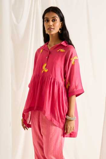 Himani Punatar_Pink Chanderi, Cotton Collared Neck Embroidered Kurta And Pant Set _Online_at_Aza_Fashions