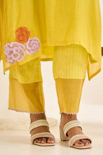 Shop_Himani Punatar_Lime Chanderi, Cotton Split V-neck, Yes Trifloral Tangle Kurta And Pant Set _Online_at_Aza_Fashions