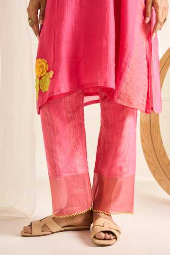 Buy Himani Punatar Pink Chanderi, Cotton Split V-neck Embroidered Trifloral Tangle Kurta Set Online at Aza Fashions Buy_Himani Punatar_Pink Chanderi, Cotton Split V-neck Embroidered Trifloral Tangle Kurta Set _Online_at_Aza_Fashions
