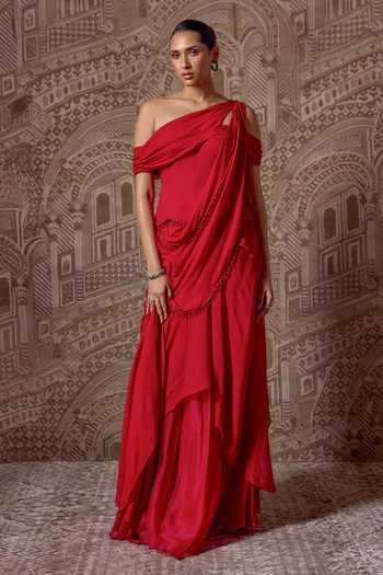 Buy Ridhi Mehra Red Chiffon The Precious Pre-draped Saree With Corset Online at Aza Fashions Buy_Ridhi Mehra_Red Chiffon The Precious Pre-draped Saree With Corset _Online_at_Aza_Fashions