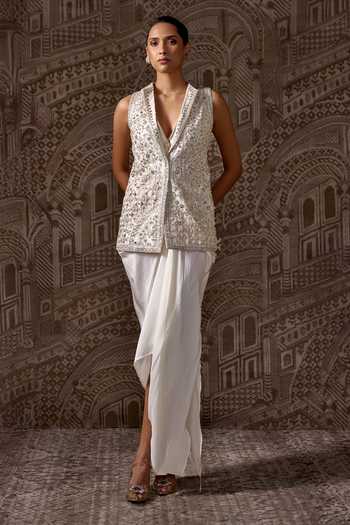 Shop_Ridhi Mehra_Ivory Organza, Silk V-neck Vestige Embroidered Jacket And Skirt Set _Online_at_Aza_Fashions