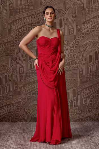 Buy Ridhi Mehra Red Chiffon Stones Sweetheart Neck The Crown Embellished Saree Gown Online at Aza Fashions Buy_Ridhi Mehra_Red Chiffon Stones Sweetheart Neck The Crown Embellished Saree Gown_Online_at_Aza_Fashions
