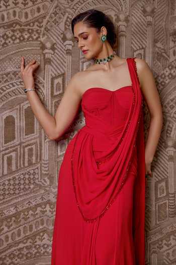 Shop Ridhi Mehra Red Chiffon Stones Sweetheart Neck The Crown Embellished Saree Gown Online at Aza Fashions Shop_Ridhi Mehra_Red Chiffon Stones Sweetheart Neck The Crown Embellished Saree Gown_Online_at_Aza_Fashions