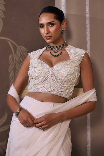 Buy Ridhi Mehra Ivory Organza, Chiffon, Net The Eternal Pre-draped Saree With Embroidered Blouse Online at Aza Fashions Buy_Ridhi Mehra_Ivory Organza, Chiffon, Net The Eternal Pre-draped Saree With Embroidered Blouse _Online_at_Aza_Fashions