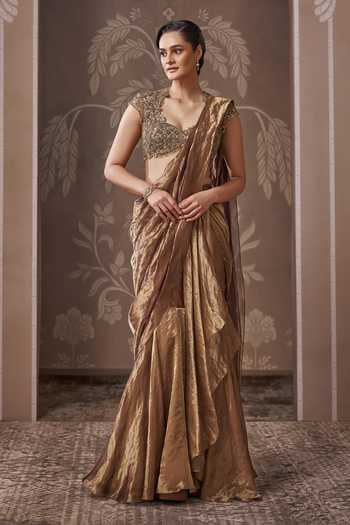 Buy_Ridhi Mehra_Gold Tissue, Net Sweetheart Neck The Antique Pre-draped Saree With Blouse _Online_at_Aza_Fashions