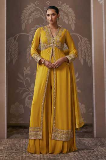 Shop_Ridhi Mehra_Yellow Georgette, Net V-neck The Descent Kurta Set _Online_at_Aza_Fashions