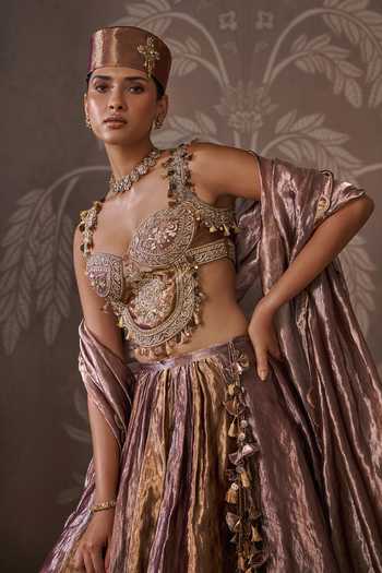 Ridhi Mehra Gold Tissue Sweetheart Neck The Archive Embroidered Lehenga Set at Aza Fashions Ridhi Mehra_Gold Tissue Sweetheart Neck The Archive Embroidered Lehenga Set _at_Aza_Fashions