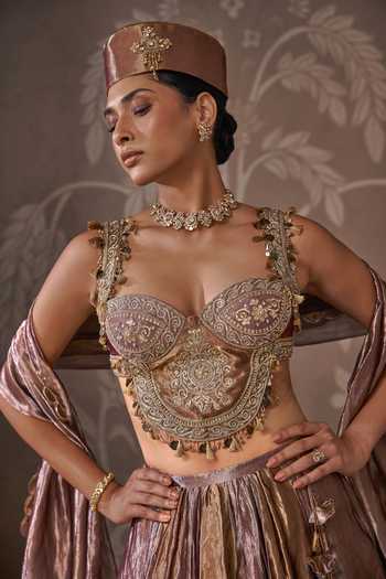 Buy Ridhi Mehra Gold Tissue Sweetheart Neck The Archive Embroidered Lehenga Set Buy_Ridhi Mehra_Gold Tissue Sweetheart Neck The Archive Embroidered Lehenga Set