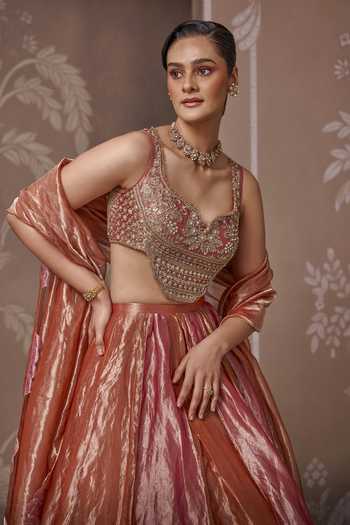 Buy_Ridhi Mehra_Orange Tissue Sweetheart Neck The Royal Lehenga Set _Online_at_Aza_Fashions