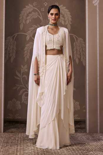 Ridhi Mehra Ivory Georgette Round Neck The Realm Embroidered Cape Skirt Set Online at Aza Fashions Ridhi Mehra_Ivory Georgette Round Neck The Realm Embroidered Cape Skirt Set _Online_at_Aza_Fashions
