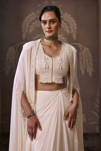 Buy Ridhi Mehra Ivory Georgette Round Neck The Realm Embroidered Cape Skirt Set Online at Aza Fashions Buy_Ridhi Mehra_Ivory Georgette Round Neck The Realm Embroidered Cape Skirt Set _Online_at_Aza_Fashions