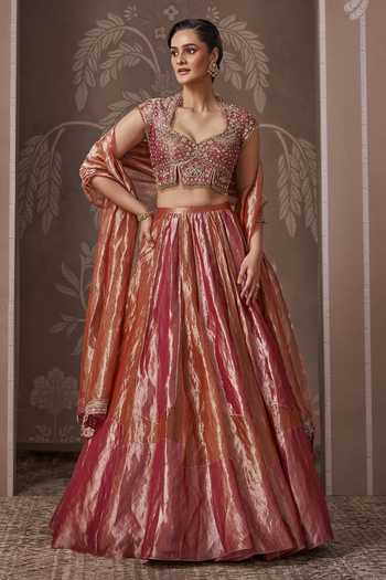Ridhi Mehra Orange Tissue Sweetheart Neck The Majesty Lehenga Set Online at Aza Fashions Ridhi Mehra_Orange Tissue Sweetheart Neck The Majesty Lehenga Set _Online_at_Aza_Fashions