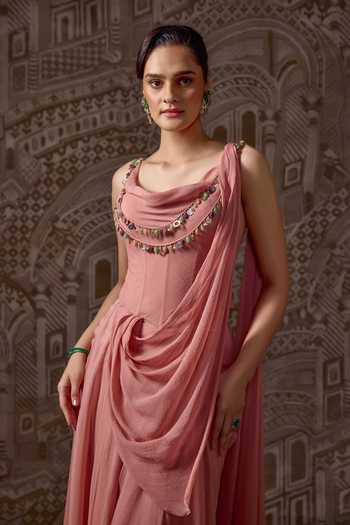 Ridhi Mehra Peach Chiffon Beads, Mirrors The Treasured Pre-draped Saree With Corset Online at Aza Fashions Ridhi Mehra_Peach Chiffon Beads, Mirrors The Treasured Pre-draped Saree With Corset _Online_at_Aza_Fashions