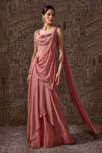 Buy Ridhi Mehra Peach Chiffon Beads, Mirrors The Treasured Pre-draped Saree With Corset Online at Aza Fashions Buy_Ridhi Mehra_Peach Chiffon Beads, Mirrors The Treasured Pre-draped Saree With Corset _Online_at_Aza_Fashions