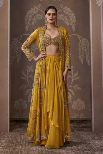 Ridhi Mehra Yellow Georgette, Net Open Neck, Sweetheart Empire Embroidered Jacket Skirt Set Online at Aza Fashions Ridhi Mehra_Yellow Georgette, Net Open Neck, Sweetheart Empire Embroidered Jacket Skirt Set _Online_at_Aza_Fashions