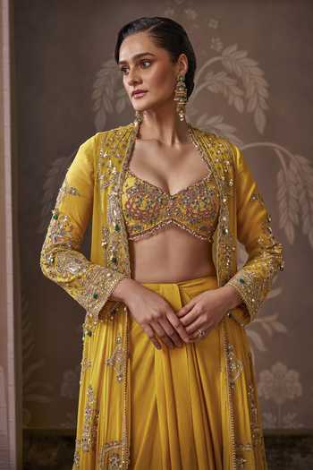 Buy Ridhi Mehra Yellow Georgette, Net Open Neck, Sweetheart Empire Embroidered Jacket Skirt Set Online at Aza Fashions Buy_Ridhi Mehra_Yellow Georgette, Net Open Neck, Sweetheart Empire Embroidered Jacket Skirt Set _Online_at_Aza_Fashions