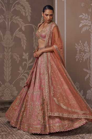 Buy_Ridhi Mehra_Pink Silk, Net Sweetheart Neck Raw Embroidered Lehenga Set _Online_at_Aza_Fashions