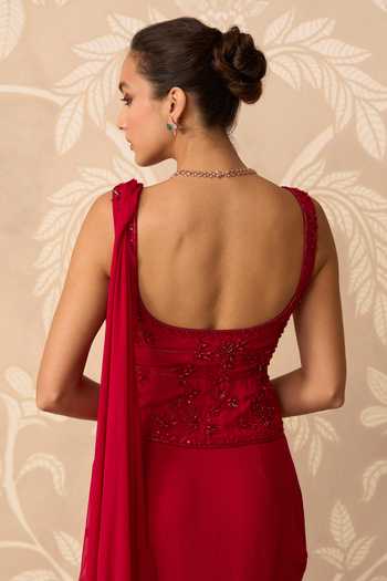 Ridhi Mehra Red Georgette Sweetheart Neck Inayat Pre-draped Saree With Embroidered Blouse Online at Aza Fashions Ridhi Mehra_Red Georgette Sweetheart Neck Inayat Pre-draped Saree With Embroidered Blouse _Online_at_Aza_Fashions