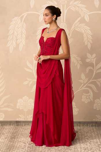 Buy Ridhi Mehra Red Georgette Sweetheart Neck Inayat Pre-draped Saree With Embroidered Blouse Online at Aza Fashions Buy_Ridhi Mehra_Red Georgette Sweetheart Neck Inayat Pre-draped Saree With Embroidered Blouse _Online_at_Aza_Fashions