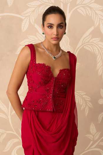 Shop Ridhi Mehra Red Georgette Sweetheart Neck Inayat Pre-draped Saree With Embroidered Blouse Online at Aza Fashions Shop_Ridhi Mehra_Red Georgette Sweetheart Neck Inayat Pre-draped Saree With Embroidered Blouse _Online_at_Aza_Fashions