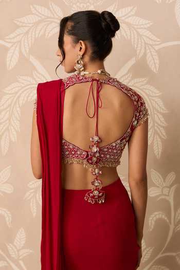 Ridhi Mehra Red Chiffon, Net Scoop Neck Dilruba Pre-stitched Saree With Embroidered Blouse Online at Aza Fashions Ridhi Mehra_Red Chiffon, Net Scoop Neck Dilruba Pre-stitched Saree With Embroidered Blouse _Online_at_Aza_Fashions