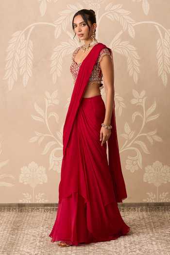 Shop Ridhi Mehra Red Chiffon, Net Scoop Neck Dilruba Pre-stitched Saree With Embroidered Blouse Online at Aza Fashions Shop_Ridhi Mehra_Red Chiffon, Net Scoop Neck Dilruba Pre-stitched Saree With Embroidered Blouse _Online_at_Aza_Fashions