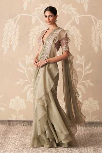 Ridhi Mehra Olive Green Organza, Chiffon, Fitoor Embroidered Pre-draped Saree With Blouse Online at Aza Fashions Ridhi Mehra_Olive Green Organza, Chiffon, Fitoor Embroidered Pre-draped Saree With Blouse _Online_at_Aza_Fashions