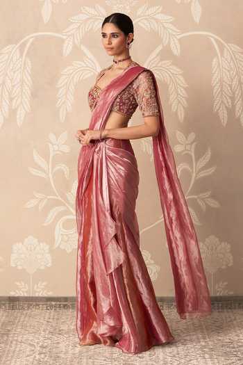 Ridhi Mehra_Fuchsia Tissue Sweetheart Neck Bahaar Pre-draped Saree With Blouse _Online_at_Aza_Fashions