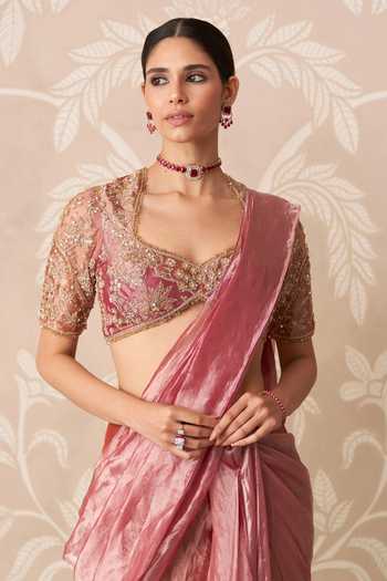 Buy_Ridhi Mehra_Fuchsia Tissue Sweetheart Neck Bahaar Pre-draped Saree With Blouse _Online_at_Aza_Fashions