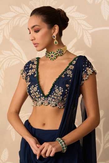 Ridhi Mehra_Blue Chiffon, Silk V-neck Junoon Pre-stitched Saree With Embroidered Blouse _Online_at_Aza_Fashions