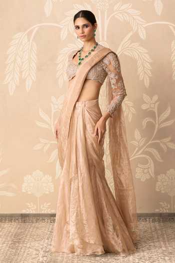 Ridhi Mehra Beige Tissue, Net Sweetheart Hoorani Pre-draped Saree With Embroidered Blouse Online at Aza Fashions Ridhi Mehra_Beige Tissue, Net Sweetheart Hoorani Pre-draped Saree With Embroidered Blouse _Online_at_Aza_Fashions