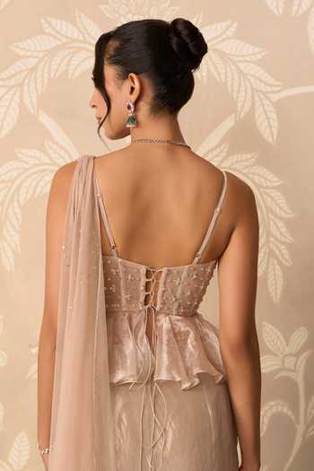 Ridhi Mehra Beige Tissue, Net Kainaat Pre-draped Skirt Saree With Embroidered Blouse Online at Aza Fashions Ridhi Mehra_Beige Tissue, Net Kainaat Pre-draped Skirt Saree With Embroidered Blouse _Online_at_Aza_Fashions