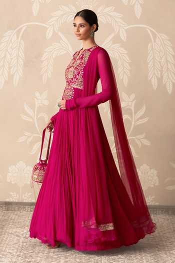 Ridhi Mehra Fuchsia Georgette, Net Split V-neck Dilbar Embroidered Anarkali With Dupatta Online at Aza Fashions Ridhi Mehra_Fuchsia Georgette, Net Split V-neck Dilbar Embroidered Anarkali With Dupatta _Online_at_Aza_Fashions