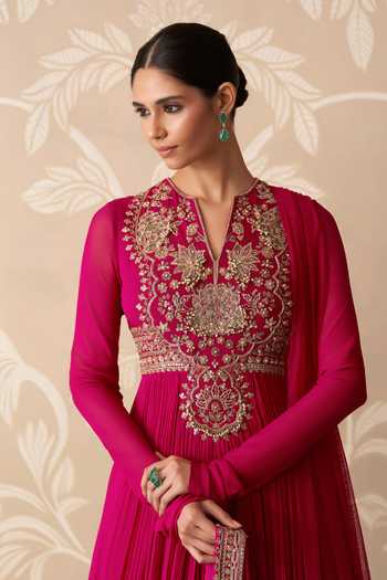 Buy Ridhi Mehra Fuchsia Georgette, Net Split V-neck Dilbar Embroidered Anarkali With Dupatta Online at Aza Fashions Buy_Ridhi Mehra_Fuchsia Georgette, Net Split V-neck Dilbar Embroidered Anarkali With Dupatta _Online_at_Aza_Fashions