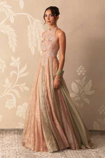 Ridhi Mehra Multi Color Tissue, Net Halter Neck Leher Embroidered Anarkali With Dupatta Online at Aza Fashions Ridhi Mehra_Multi Color Tissue, Net Halter Neck Leher Embroidered Anarkali With Dupatta _Online_at_Aza_Fashions