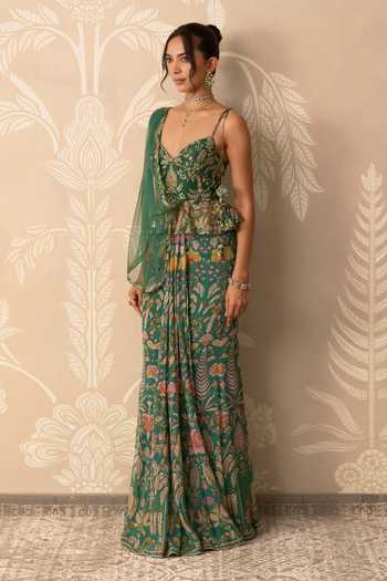 Buy Ridhi Mehra Green Organza, Net, Chiffon Mehreen Printed Pre-draped Saree With Blouse Online at Aza Fashions Buy_Ridhi Mehra_Green Organza, Net, Chiffon Mehreen Printed Pre-draped Saree With Blouse _Online_at_Aza_Fashions