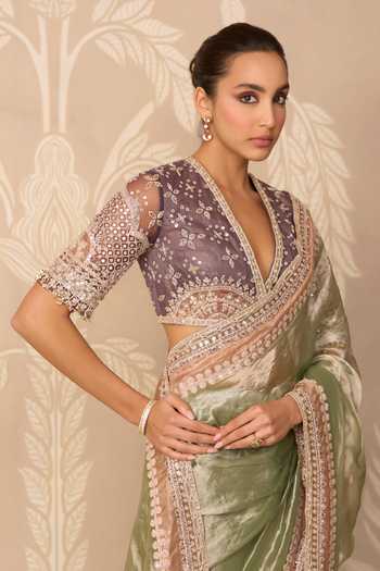 Ridhi Mehra Green Tissue, Net V-neck Ehsas Embroidered Saree With Blouse Online at Aza Fashions Ridhi Mehra_Green Tissue, Net V-neck Ehsas Embroidered Saree With Blouse _Online_at_Aza_Fashions